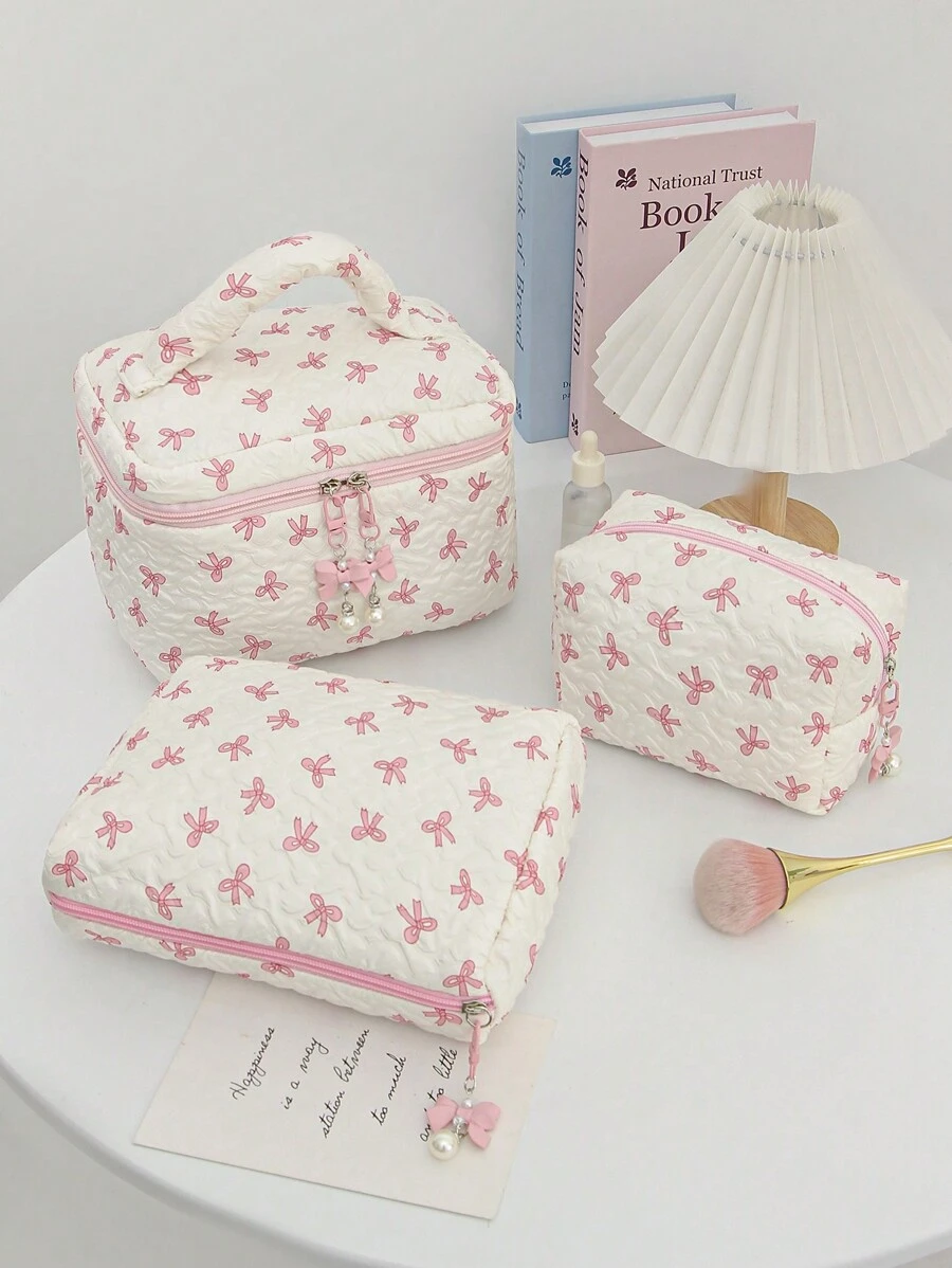 花卉蝴蝶结装饰化妆包，布艺印花拉链袋，甜美风格盥洗包，化妆包，适用于家庭、旅行、日常使用，女士化妆品收纳包，化妆品收纳袋，迷你袋，旅行小化妆盒配件，化妆架，刷子包，化妆容器，化妆包，旅行必需品，女士配件，旅行用品，夏季旅行，度假，家居浴室装饰，节日化妆品收纳包，浴室配件，返校 - 粉色 - 查看 1
