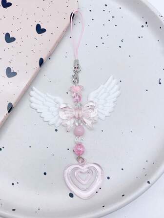 Lovely Wings Bow Heart Mobile Strap Phone Pendant Chain For Girls Women Fashion Sweet Keychain Bags Decorative Accessories Gifts Valentines Car Accessories Bag Charm School Cute Goth Y2k