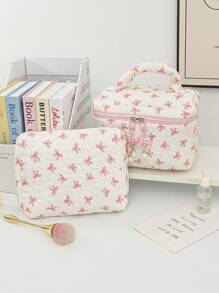 花卉蝴蝶结装饰化妆包，布艺印花拉链袋，甜美风格盥洗包，化妆包，适用于家庭、旅行、日常使用，女士化妆品收纳包，化妆品收纳袋，迷你袋，旅行小化妆盒配件，化妆架，刷子包，化妆容器，化妆包，旅行必需品，女士配件，旅行用品，夏季旅行，度假，家居浴室装饰，节日化妆品收纳包，浴室配件，返校 - 粉色 - 查看 2