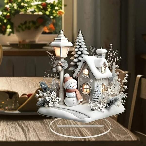 Acrylic Snowman And Christmas House Decorations Under Christmas Streetlight, Transparent Acrylic Statue Decorations For Dining Table, Birthday, Graduation Gifts, Office, Bedroom, Home Holiday, Party, Perfect Holiday Gift And Christmas Decor
