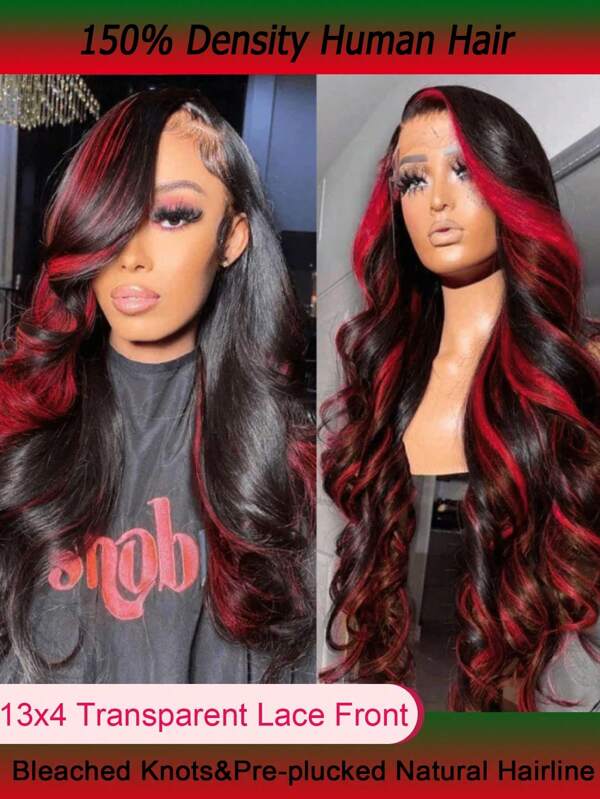 Parrucca frontale a onde morbide in remy human hair, evidenziato in bordeaux, con parte frontale in pizzo trasparente 13x4, ombreggiata con rosso 99j, pre-sfoltita, adatta per donne