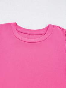 Acelitt Women's Pink Pearl Decor Knit Ribbed Petal Sleeve Round Neck Top, Fashionable And Elegant For Summer Casual - Pink - View 7