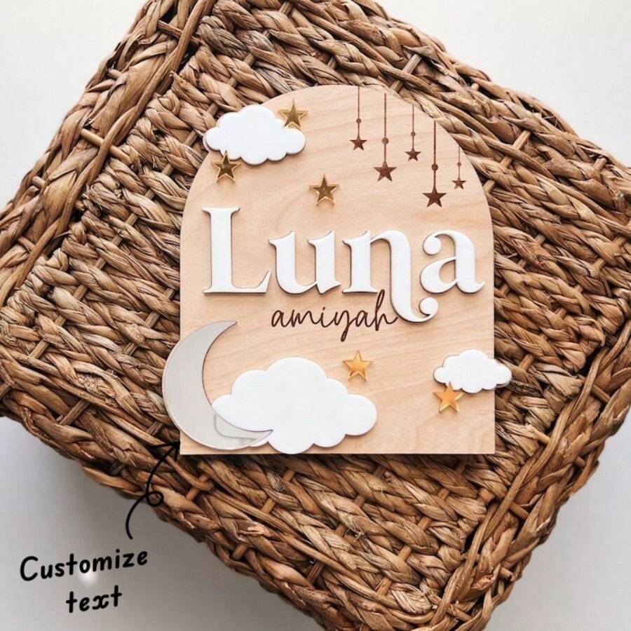 1 pieza Tablero personalizado con luna y nube para anuncio público de nombre, anuncio de nacimiento, accesorios de fotografía con nombres, accesorios de fotografía para recién nacidos, el regalo perfecto, moda de regreso a la escuela