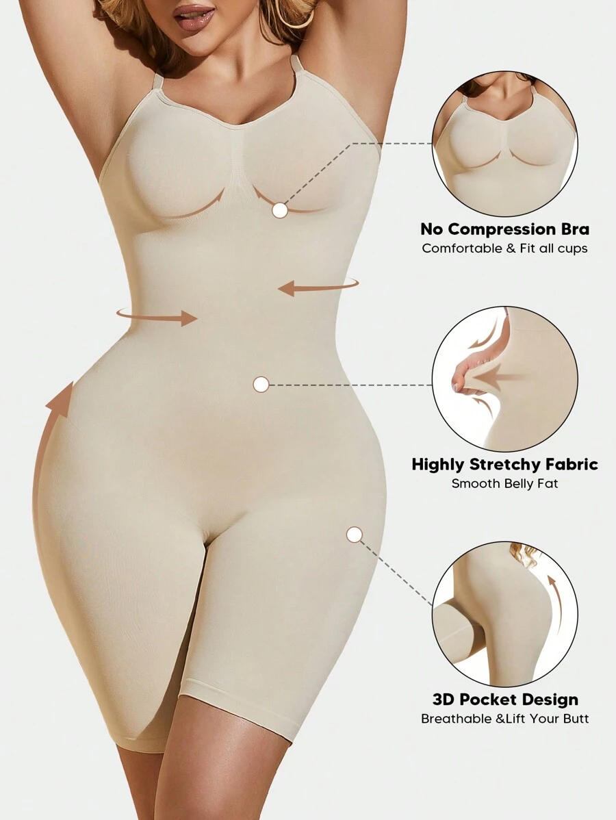 女士提胸收腹提臀塑身连体衣内衣连体裤休闲夏季 - 杏色 - 查看 1