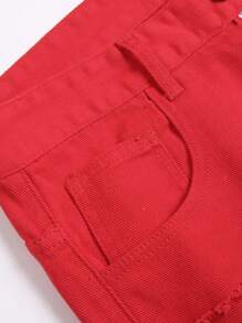 Teen Boy Fashionable Layered Solid Color Slim Fit Denim Shorts - Red - View 6