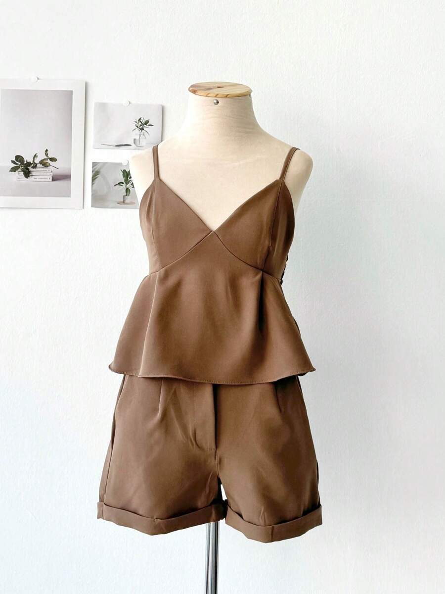 Women's Set Shorts + Cropped Top Ruffle - Brown - View 1