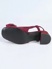 Elegante pumps met hoge hak en strikversiering voor dames, bordeauxrode fluwelen schoenen met vierkante neus en dikke hak, geschikt voor bruiloften en alle seizoenen