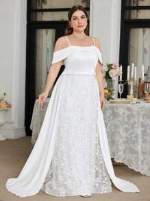 UNITHORSE Plus Size Off-Shoulder Light Bridal Dress With Luxurious Flower Lace Sequins Flyaway Skirt & Satin Fabric Elegant Gown, Wedding Dress - 白色 - 查看 4