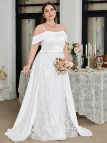 UNITHORSE Plus Size Off-Shoulder Light Bridal Dress With Luxurious Flower Lace Sequins Flyaway Skirt & Satin Fabric Elegant Gown, Wedding Dress - 白色 - 查看 1