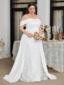 UNITHORSE Plus Size Off-Shoulder Light Bridal Dress With Luxurious Flower Lace Sequins Flyaway Skirt & Satin Fabric Elegant Gown, Wedding Dress - 白色 - 查看 5