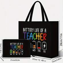 Gift- Large Capacity Fashion Tote Bag With "Battery Life Of A Teacher" Print, Cosmetic Bag, Lining, And No Closure - Perfect For Educators And School Staff, Best Teacher Appreciation Gifts, Thank You Teacher Gifts