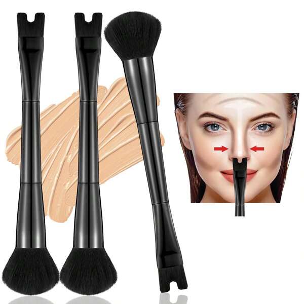 Juego de pinceles de maquillaje que incluye: pincel blush de doble punta, pincel contorneador, pincel suave para iluminador, pincel en forma de U para puente nasal, y pincel para sombra de iluminador.