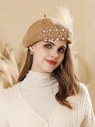 1pc Solid Color Retro Elegant Luxurious Casual Wool Rhinestone Pearl Beret Hat, Autumn/Winter Fashion Elegant Embroidered Artist Cap, Mesh Pumpkin Hat