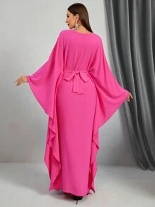 Women Elegant Contrast Color Lace Batwing Sleeve Extra Long Dress