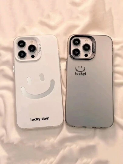 1 件情侣情人节笑脸“幸运日”黑白 IMD 硬 PC 保护手机壳，柔软边缘，彩色银色兼容三星 A54/S24/S24Plus/S24Ultra/S24FE、IPhone 16ProMax/16Pro/16Plus/16 等型号