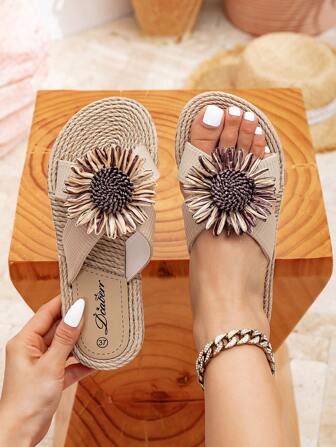 新款春夏女士花朵拖鞋，经典棕色向日葵设计平底鞋，轻便休闲沙滩凉鞋