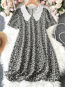 Plus Size Boho Women's Korean Version Loose Ditsy Floral Peter Pan Collar French Dress, Summer