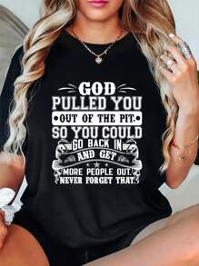 God Pulled You" Inspirational Quote T-Shirt For Women - Soft Cotton, Crew Neck, Short Sleeve Casual Tee - Perfect For All Seasons - 黑色 - 查看 1