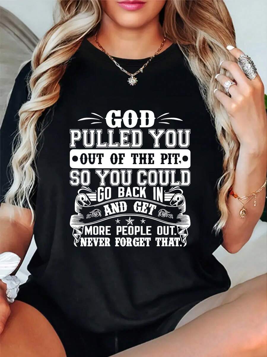 God Pulled You" Inspirational Quote T-Shirt For Women - Soft Cotton, Crew Neck, Short Sleeve Casual Tee - Perfect For All Seasons - 黑色 - 查看 1
