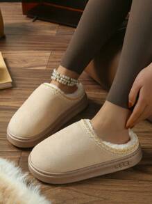 Women Faux Suede Fleece Slippers, Thick Platform Closed Toe Slip On, Winter Fashion Outdoor Snow Shoes, Indoor/Outdoor Anti-Slip TPR Sole