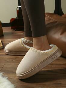 Women Faux Suede Fleece Slippers, Thick Platform Closed Toe Slip On, Winter Fashion Outdoor Snow Shoes, Indoor/Outdoor Anti-Slip TPR Sole