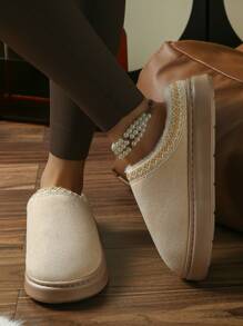 Women Faux Suede Fleece Slippers, Thick Platform Closed Toe Slip On, Winter Fashion Outdoor Snow Shoes, Indoor/Outdoor Anti-Slip TPR Sole