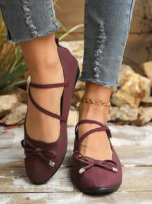 Women's French Pointed Toe Cross Strap Mary Jane Shoes, Wedge Heel Bow Rhinestone Decor Flats, Comfortable Versatile Slip-On Casual Grandma Shoes - Red - View 6