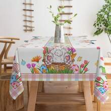 1pc, Happy Easter Tablecloth, Pink Plaid Table Cloth, Bunny, Truck,Tulip, Easter Eggs, Floral Tablecloth, Round Tablecloth, Rectangular Tablecloth, Easy Clean, Home Decor, Perfect For Kitchen, Living Room & Outdoor Party