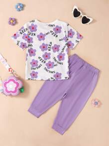 Young Girl Summer Casual Floral & Letter Print Design Short Sleeve Crop Top And Bottoms Set