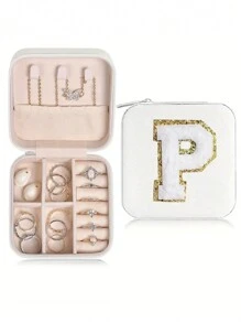1 pièce Boîte de voyage pour bijoux avec initiale A-Z, étui de rangement multifonctionnel pour bijoux, mini boîte de rangement pour bijoux, organisateur de maquillage, porte-bijoux, sac cosmétique, sac de toilette, cadeau idéal pour les femmes, petite amie, amis, anniversaire, Noël, Halloween - Boîte de voyage pour bijoux avec initiale rose, cadeau de Noël pour adolescentes, retour à l'école