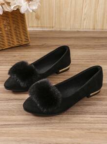 Women's Pointed Toe Faux Fur Trim Metallic Flat Slip-On Shoes, Breathable Canvas Fashion Loafers - Black - View 7