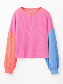 CILKOO Blusa casual de manga larga con cuello redondo, de estilo de bloques de color y rayas, para primavera - Rosa Fucsia - Ver 5