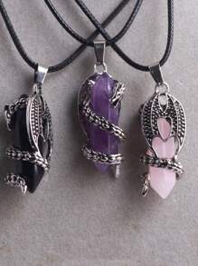 1pc Retro Aspide Natural Stone Reiki Crystal Agate Carnelian Amethyst Opal Onyx Tiger Eyes Rose Quartz Viper Bullet Pointed Hexagonal Column Healing Pendant Necklace For Men's Agkistrodon Halys Creative Spiritual Swing 45cm Black Rope Chain Accessory - Hexagonal Column - View 5