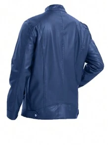 Men's Stand Collar Slim Fit Zipper Pocket Decorated Leather Moto Rave Jacket, Fall/Winter