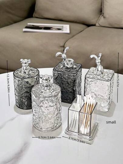 1pc Compact Chic Luxury Transparent Gray Bear Design Cleaning Swab Holder Box, Multi-Purpose High-End Creative Living Room Toothpick/Swab Storage Box, Delicate And Lightweight