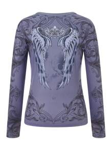 Women Y2K Fairy Grunge Long Sleeve Shirt Top Vintage Rhinestone Wing Graphic T-Shirts Aesthetic Tees Tops Gothic Streetwear - Xám - Xem 5