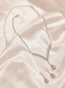 2-Piece Women Teardrop Pendant Necklace And Earrings Set, Fashion Elegant Jewelry For Wedding Party