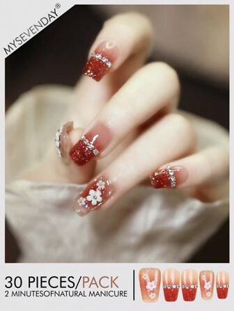 30 Pieces Of Short Coffin Shaped Pressed Fake Nail Patches, Romantic Red With White Flowers, Sweet And Cool French Style Women'S Nail Patches For The New Year, Fashionable Fingertips, With 1 Piece Of Jelly Glue And 1 Piece Of Rubbing Strip, Suitable For Women'S Parties, Dances, Daily Casual Wear, Detachable And Reusable Wear Nail Charms Y2K Suitable For Gatherings, Festivals, Halloween, And Daily Use Press On Nails Nail Supplies Nails