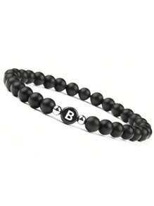 Brazalete de cuentas de piedra negra esmerilada de 6 mm Pulsera con 26 letras iniciales del nombre con cuerda elástica para regalos de pareja, amistad y familia