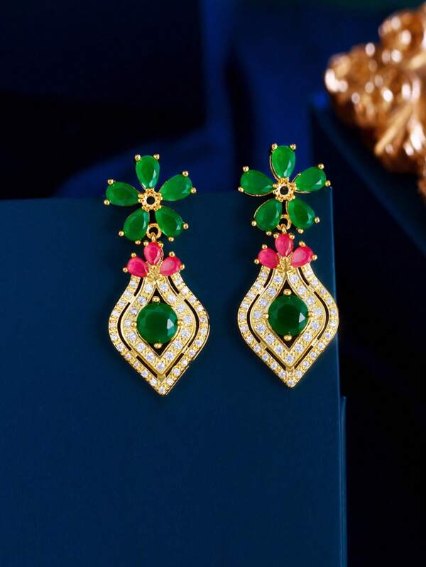 1 par de pendientes colgantes con forma de flor y berenjena enchapados en plata y oro con cristales de circonita cúbica roja y verde, joyería de moda para mujeres, adecuada para novias, bodas, compromisos, aniversarios, banquetes, bailes de graduación, accesorios para mujer, damas, niñas, damas de honor, novias, madres, esposas, hijas, como regalo de cumpleaños, San Valentín, Navidad, Año Nuevo, Día de la Madre