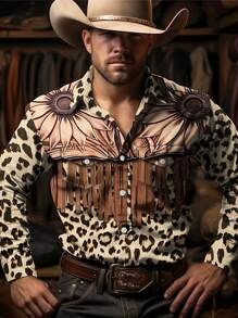 European Fashion Cowboy Style Casual Long Sleeve Collared Button-Up Shirt With Geometric Pattern Print, Classic Design