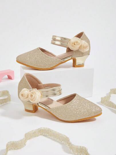 Kids High Heel Chunky Pointed Toe Hollow Out Small Flower Pink Baby Girl Little/Medium Child Elegant Fashionable Versatile New Party Performance Shoes, Suitable For Spring/Summer/Autumn