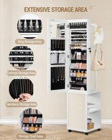 HEXCELEN Jewelry Cabinet, Mirror Cabinet, Standing Jewelry Organizer With 1 Clothes Rack, 3-Tier Shelves With 4 Coat Hooks, White - trắng - Xem 6