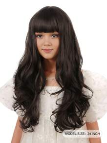 流行棕色 24 英寸长深波浪发洛丽塔假发带刘海合成假发适合儿童时尚浓密卷发假发女孩 - 棕色 - 查看 2