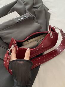 1pc Quilted Zipper Closure PU Solid Crescent Bag, Fashion Minimalist Wide Strap Shoulder Bag, Retro Oil Rivet Casual Armpit Baguette Bag, New Commuting Handbag, Suitable For Women's Daily Use - Merah - View 11