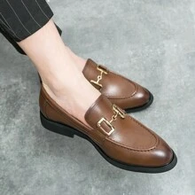 Plus Size Men's 45-46 Formal Leather Shoes, Grid Pattern Metal Buckle Decor, Pointed Toe, Business Casual, Slip-On Oxfords, Suitable For Wedding Party, Brown