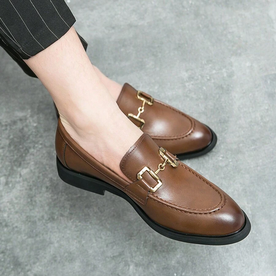 Plus Size Men's 45-46 Formal Leather Shoes, Grid Pattern Metal Buckle Decor, Pointed Toe, Business Casual, Slip-On Oxfords, Suitable For Wedding Party, Brown