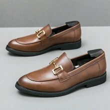 Plus Size Men's 45-46 Formal Leather Shoes, Grid Pattern Metal Buckle Decor, Pointed Toe, Business Casual, Slip-On Oxfords, Suitable For Wedding Party, Brown