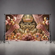 1 pièce Bannière d'anniversaire 180x110cm avec motif de couronne de ballons roses et dorés, toile de fond décorative
