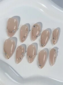 qihangxin 10片手工杏仁形美甲贴纸，圣诞礼物，假指甲，短指甲贴纸，轻盈奢华，高端品质，透明底，镀金工艺。可移除可重复使用，适合不同风格的女性日常佩戴，也可作为礼物赠送。 - 彩色 - 查看 3